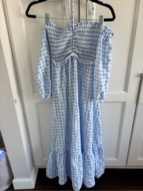 Light Blue Gingham Off-Shoulder Maxi Dress